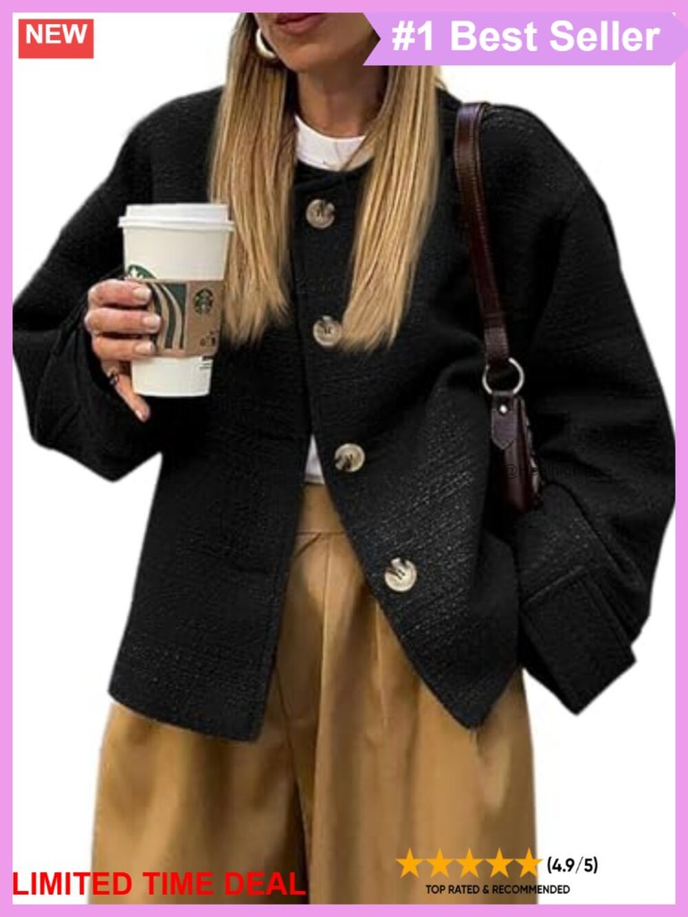 Women's Tweed Blazer Long Sleeve Button Down Business Casual Jacket